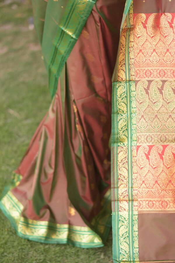 ruksar earth brown & parrot green banarsi silk saari