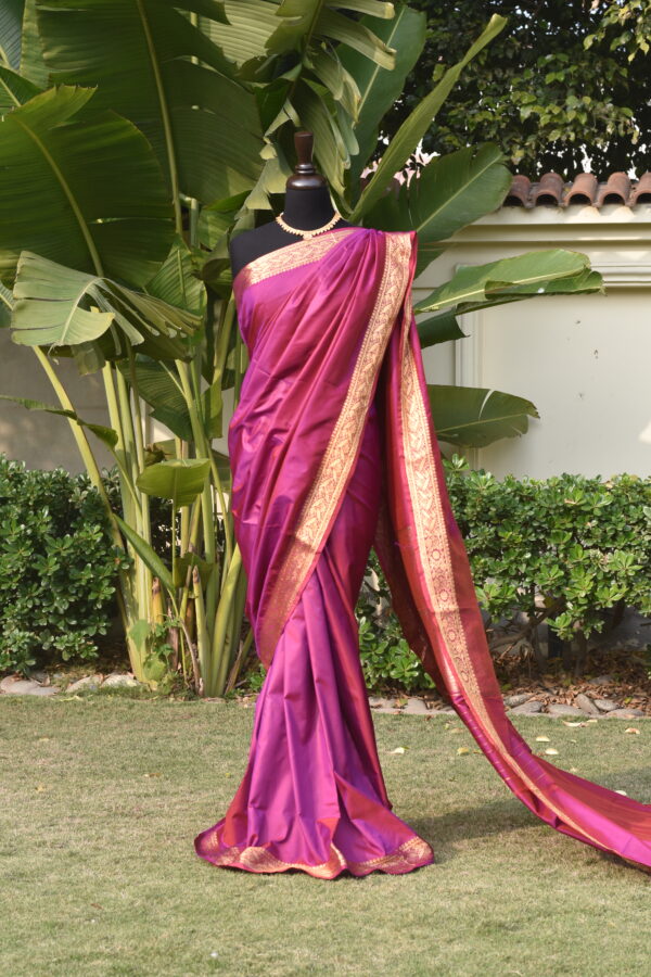 Magenta banarsi silk saari with gold zari border and pallu,