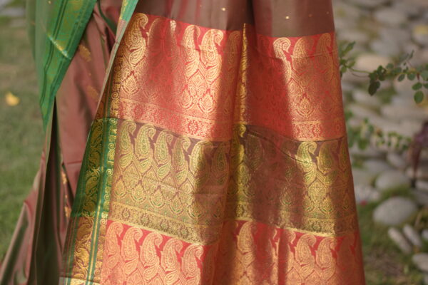 ruksar earth brown & parrot green banarsi silk saari