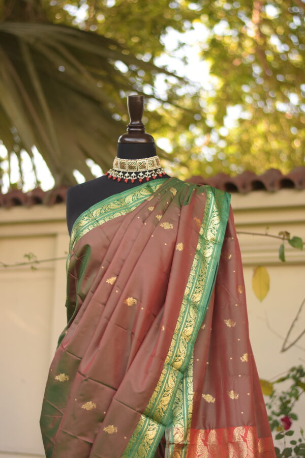 ruksar earth brown & parrot green banarsi silk saari
