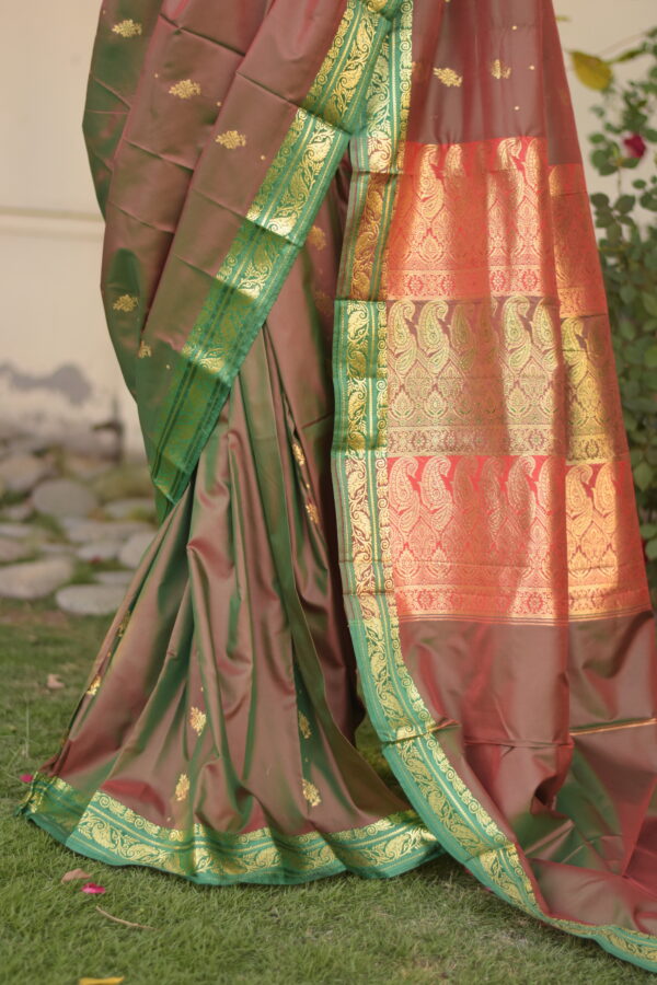 ruksar earth brown & parrot green banarsi silk saari