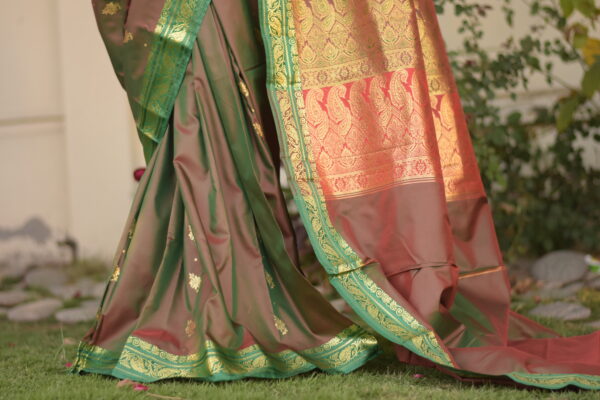 ruksar earth brown & parrot green banarsi silk saari