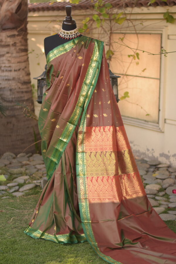 ruksar earth brown & parrot green banarsi silk saari