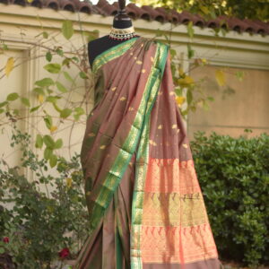 ruksar earth brown & parrot green banarsi silk saari