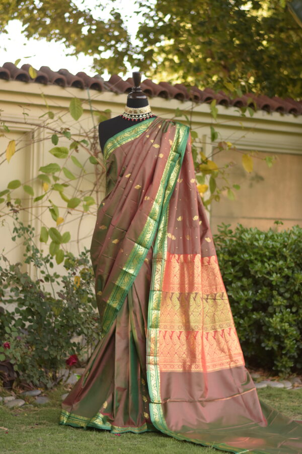 ruksar earth brown & parrot green banarsi silk saari