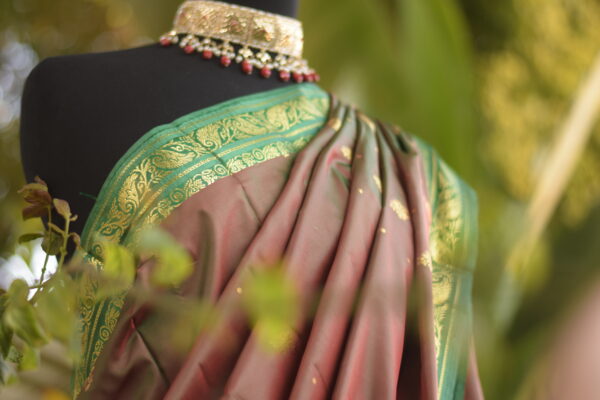 ruksar earth brown & parrot green banarsi silk saari