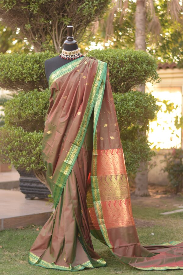 ruksar earth brown & parrot green banarsi silk saari