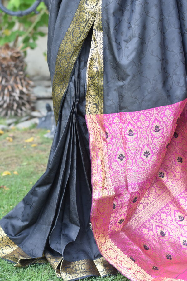 gulab e shab black banarasi with magenta glow