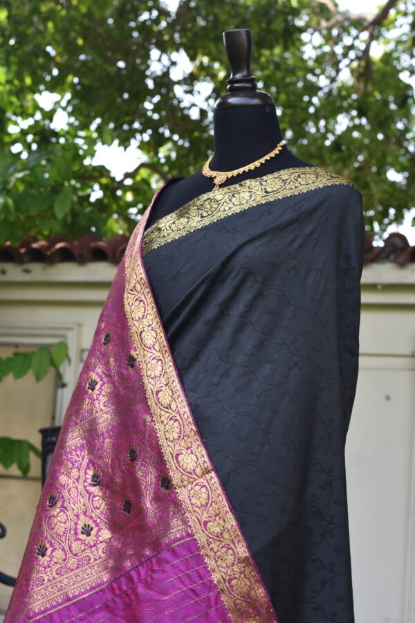 gulab e shab black banarasi with magenta glow