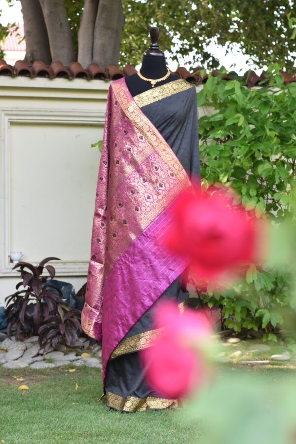gulab e shab black banarasi with magenta glow