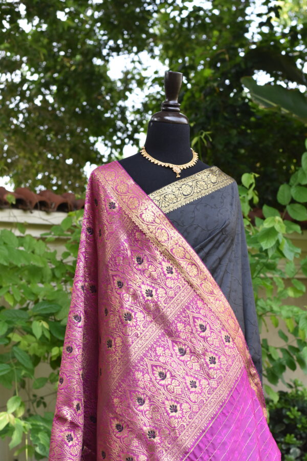 gulab e shab black banarasi with magenta glow