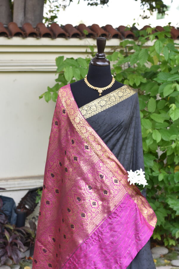 gulab e shab black banarasi with magenta glow