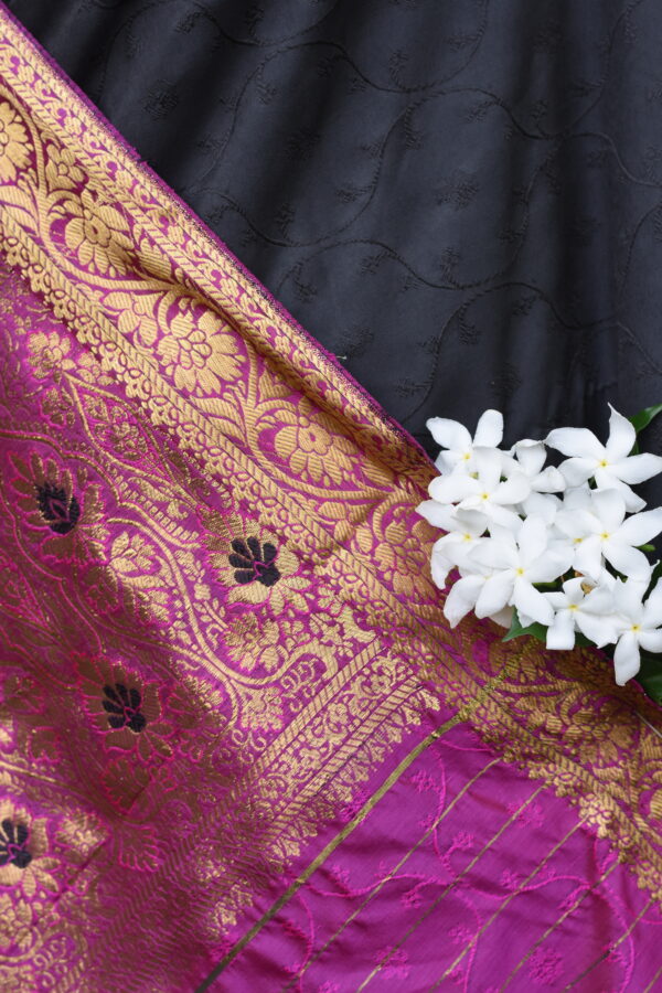 gulab e shab black banarasi with magenta glow