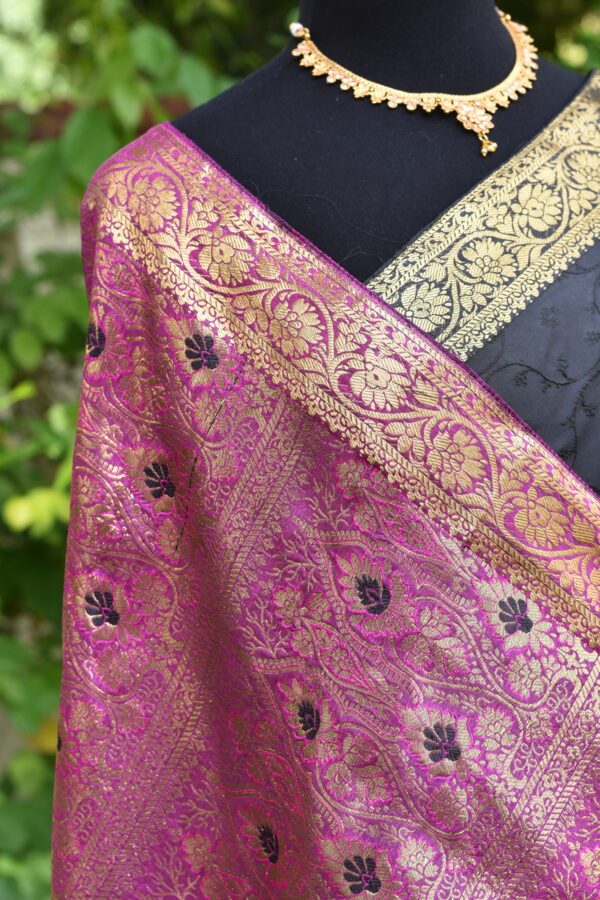 gulab e shab black banarasi with magenta glow